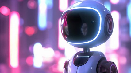 Aufkleber - Cute small robot with a large visor in a neon-lit city background. Futuristic and playful design concept highlighting advanced robotics