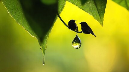 Wall Mural -   Two birds perched on tree branch, droplet dangling from beak, against green backdrop