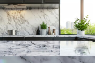 Canvas Print - A kitchen counter with a marble top and a view of the outside, generative ai image