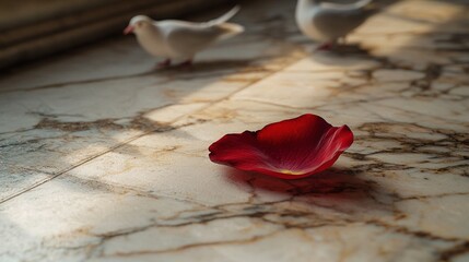 Poster -   A crimson blossom rests atop a polished slate surface, surrounded by two pearly avian companions perched upon a ceramic floor