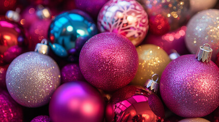 Colorful Christmas Ornaments in Pink, Gold, and Silver, Festive Holiday Decorations