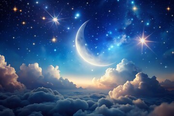 Dreamy night sky with a serene crescent moon glowing softly, surrounded by twinkling stars and subtle cloud wisps,