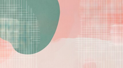 Poster -   Pink and green abstract painting with lines and dots at the base and a green circle on the right side