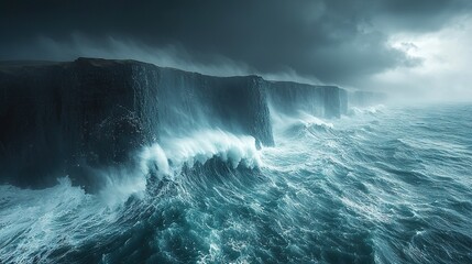 Poster -   A body of water adjacent to a cliff beneath a cloudy sky