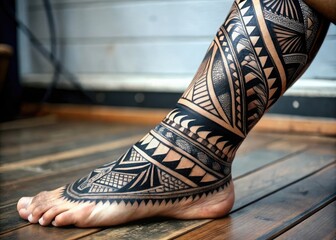 elaborate black ink tribal tattoo featuring intricate patterns and sharp lines, extending from the a