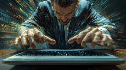 A man intensely typing on a laptop with a blurred background of digital code