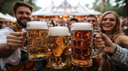 close up of beer mugs on Oktoberfest 