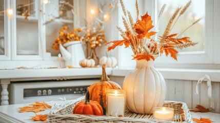 Wall Mural - A wicker pumpkin, white vases with wheat sheaves, and candles 