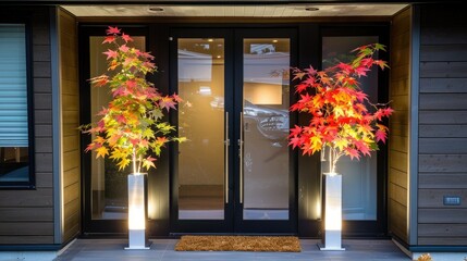 Two fall-leaf trees with lights on each side of the front door