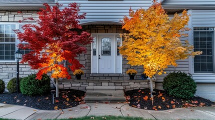 Sticker - Two fall-leaf trees with lights on each side of the front door