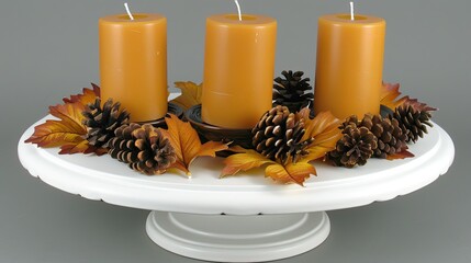 Poster - A 3-candle centerpiece with fall leaves and pine cones 