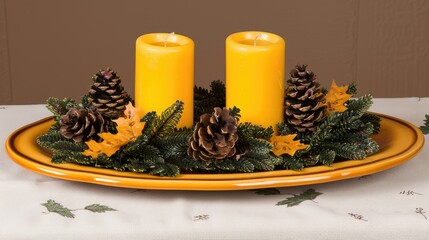 Wall Mural - A 2-candle centerpiece with fall leaves and pine cones 