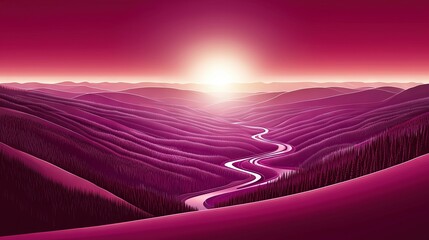 Poster -   A desert landscape painting depicts a road stretching through the arid expanse, with the sun casting its rays over the horizon