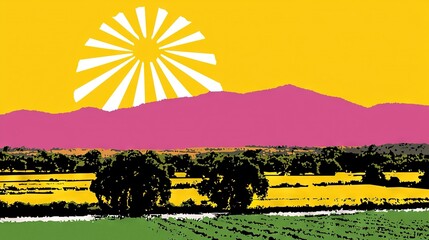 Poster -   A painting depicts a landscape featuring towering mountains in the distance, lush trees upfront, and a vibrant sky with hues of yellow and pink