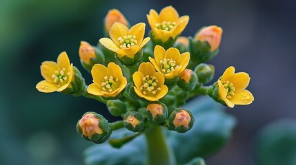 Canvas Print -   A yellow flower with green leaves in focus, and a blurry background behind