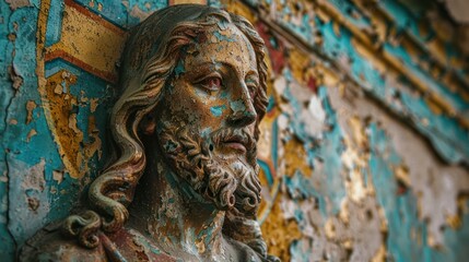 Vintage Church Wall with Religious Icon of Jesus Christ