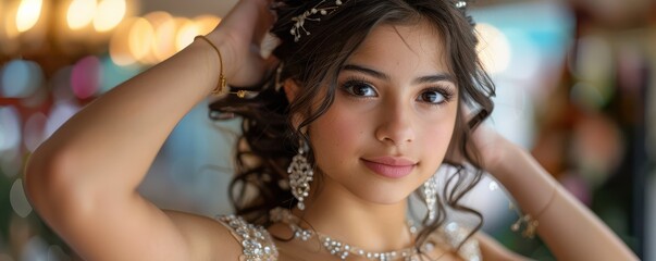 Wall Mural - Close-up of a smiling Latina teen girl, elegantly dressed, preparing for her special Quinceañera celebration. Free copy space for text.