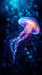 Wall Mural - Glowing jellyfish in deep blue ocean, illuminating their surroundings, underwater glowtime, captivating and surreal marine life