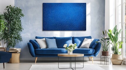 Wall Mural - Blue Velvet Sofa with White Flowers and a Starry Blue Painting