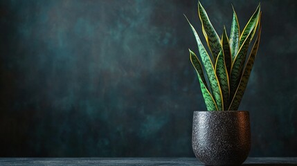   A potted plant sits atop a table next to two walls - one green and the other black