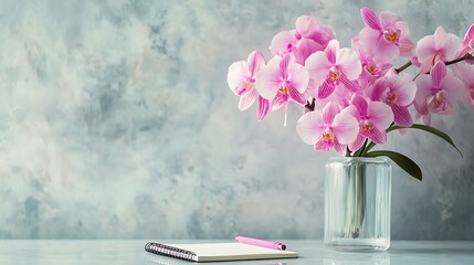 Poster - Pink Orchids in a Glass Vase with Notebook and Pen on a White Table