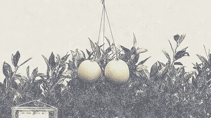 Wall Mural -   Black-and-white photo of oranges on a tree with beehive