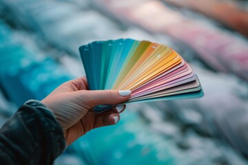 A hand holding a color palette with a blue and yellow swatch