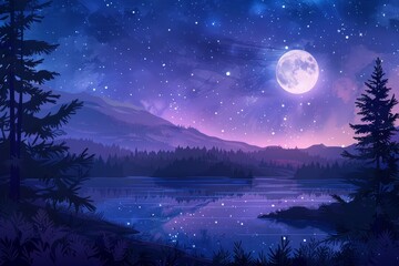 Poster - A serene and peaceful scene of a lake with a large moon reflecting on the water