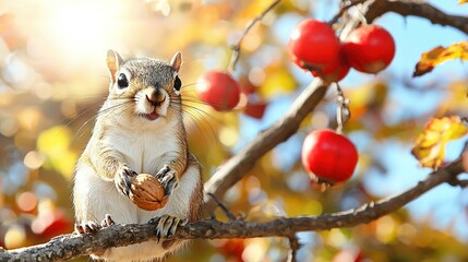 Wall Mural -   A squirrel sits on a tree branch with nuts in its paws, smiling at the camera