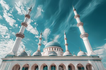 A large white and blue building with a blue dome