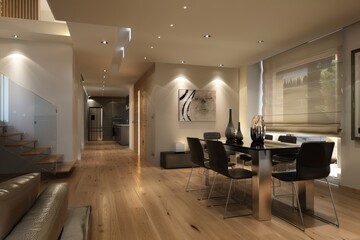 Wall Mural - A large, open living room with a dining table and chairs