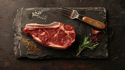 A piece of meat is on a black cutting board with a fork and a knife