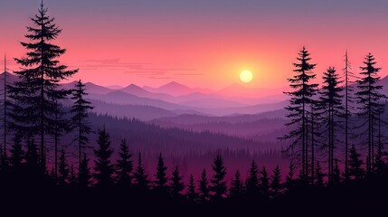 Sticker -   Sunset in Mountains - Pine Trees, Sun Distance