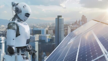 Poster - Futuristic robot inspecting solar panels on a skyscraper rooftop. Symbol of clean energy, renewable resources, and the integration of AI in environmental technology.
