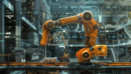Poster - Industrial robotic arm in an advanced manufacturing environment. Automation and modern industrial robotics in action.