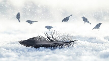   Birds flying over a feather on snow, quill in foreground