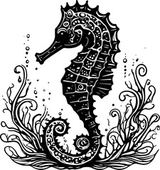 Hand drawn seahorse doodle art on white background