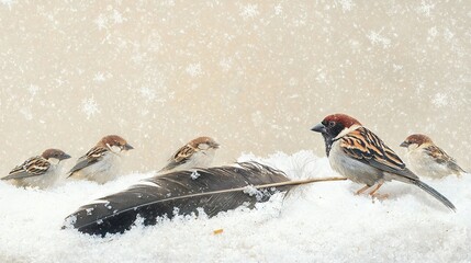 Poster -   A group of birds perched atop a single feather atop a mound of snow adjacent to another feather