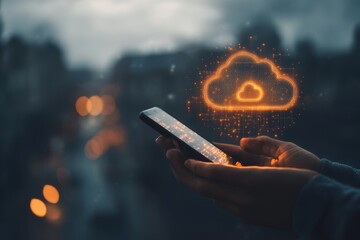 Poster - A businessman downloads the information from the cloud.