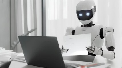 Poster - Humanoid robot working at a desk with a laptop in a white office. Represents AI integration in business environments.