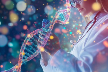 Poster - DNA molecules are examined with a clamp by the doctor.