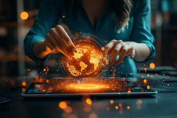 Poster - Woman working on virtual computer screen with international trading system.
