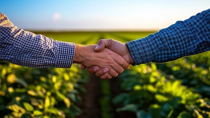 A handshake between two farmers in a lush green field, surrounded by crops, under a clear blue sky