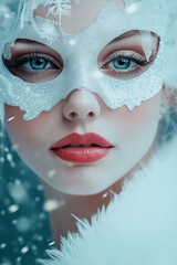 A woman wearing a white mask with snowflakes on it. The mask is white and has a blue and silver design. The image has a wintery and festive mood