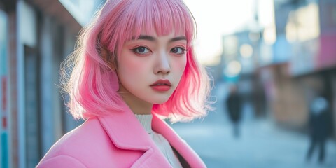 Wall Mural - A woman with pink hair and makeup stands on a street. She is wearing a pink coat and white shirt