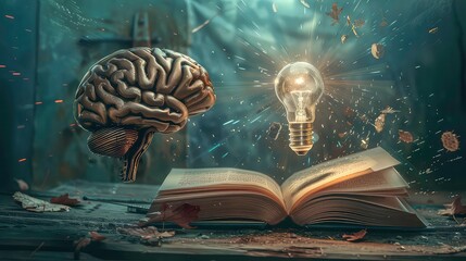 Wall Mural - a golden brain and a glowing lightbulb hover over an open book, surrounded by swirling dust and leav