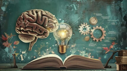 Wall Mural - a glowing lightbulb above an open book with a human brain and gears in the background, creating an a