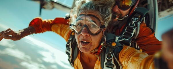 Wall Mural - An elderly woman with a look of excitement and fear mid-skydive, accompanied by her instructor.