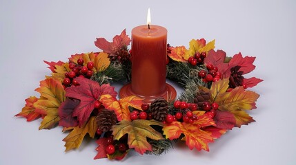 Poster - A fall wreath made of leaves and berries surrounding a candle holder