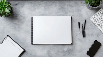 Poster - Blank Notebook and Office Supplies on Gray Surface